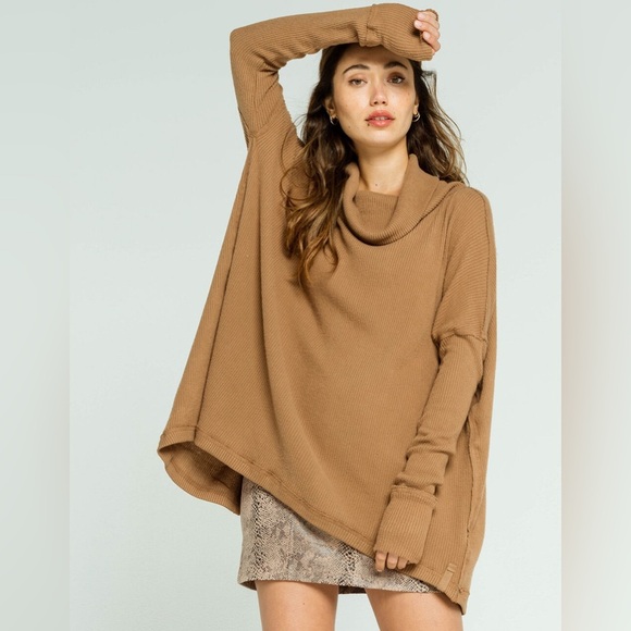 Free People Juicy Light Brown Ribbed Knit Cowl Neck Sweater Camel Small - Picture 3 of 15